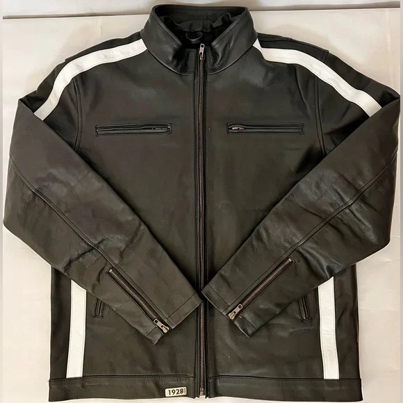 *CUSTOM* Mens Black Cafe Racer Leather Jacket With White Stripes Size L - Picture 1 of 15